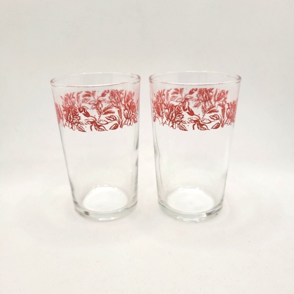 Vintage Juice Glasses Sour Cream Cups 6 oz Set 2 Red Rose
